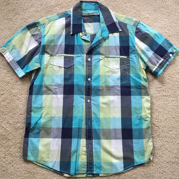 Men’s Blue & Green Plaid Button Down Shirt - Picture 5 of 7